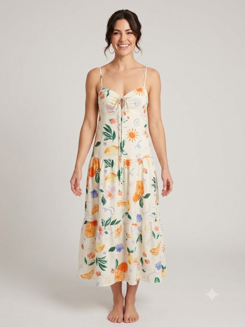 Crystal Doll White Maxi Dress with Orange, Green & Blue Floral Citrus Print
